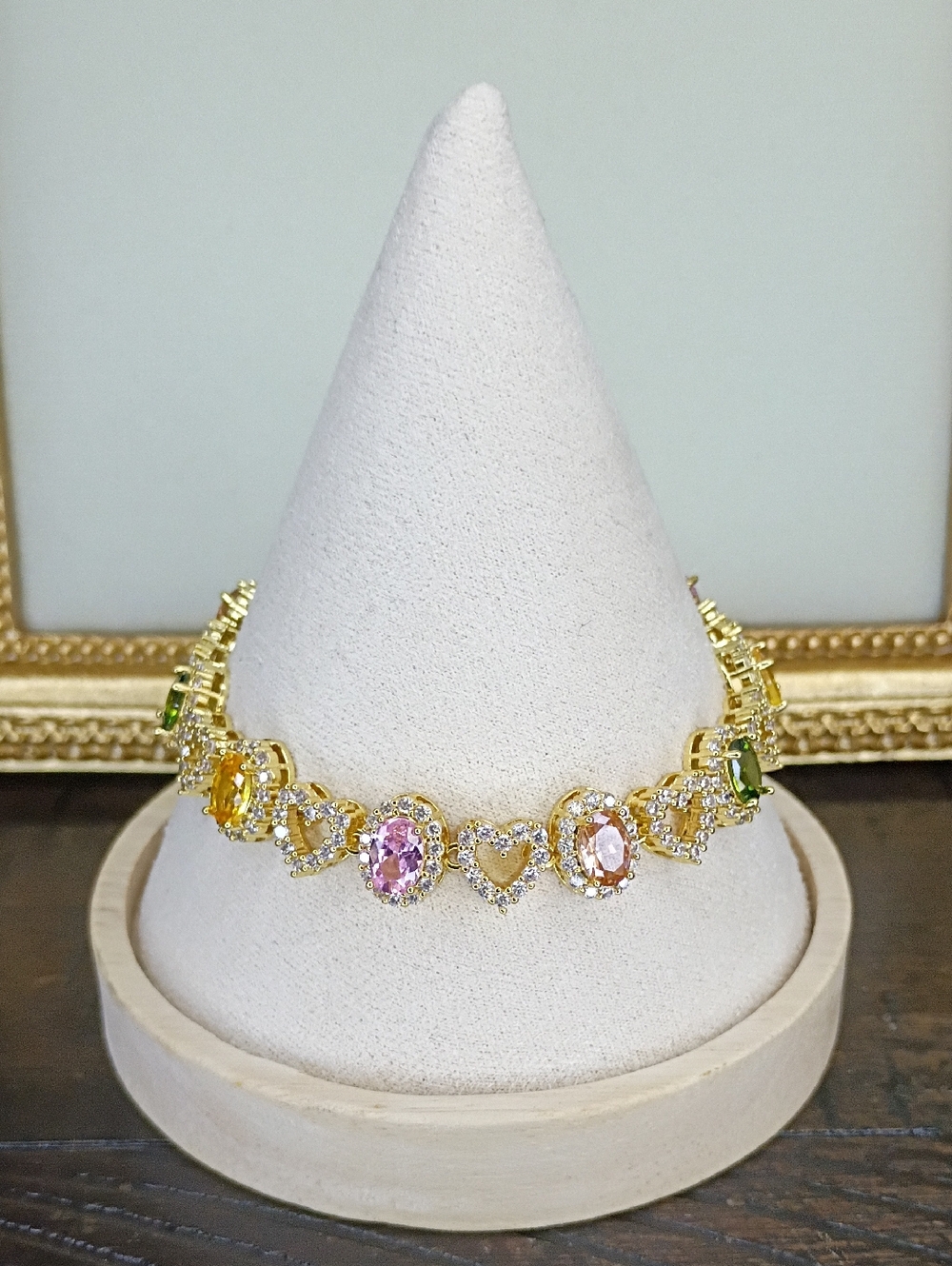 New Gold Plated Heart & Multi-Gem Tennis Bracelet - Pink, Yellow, Green